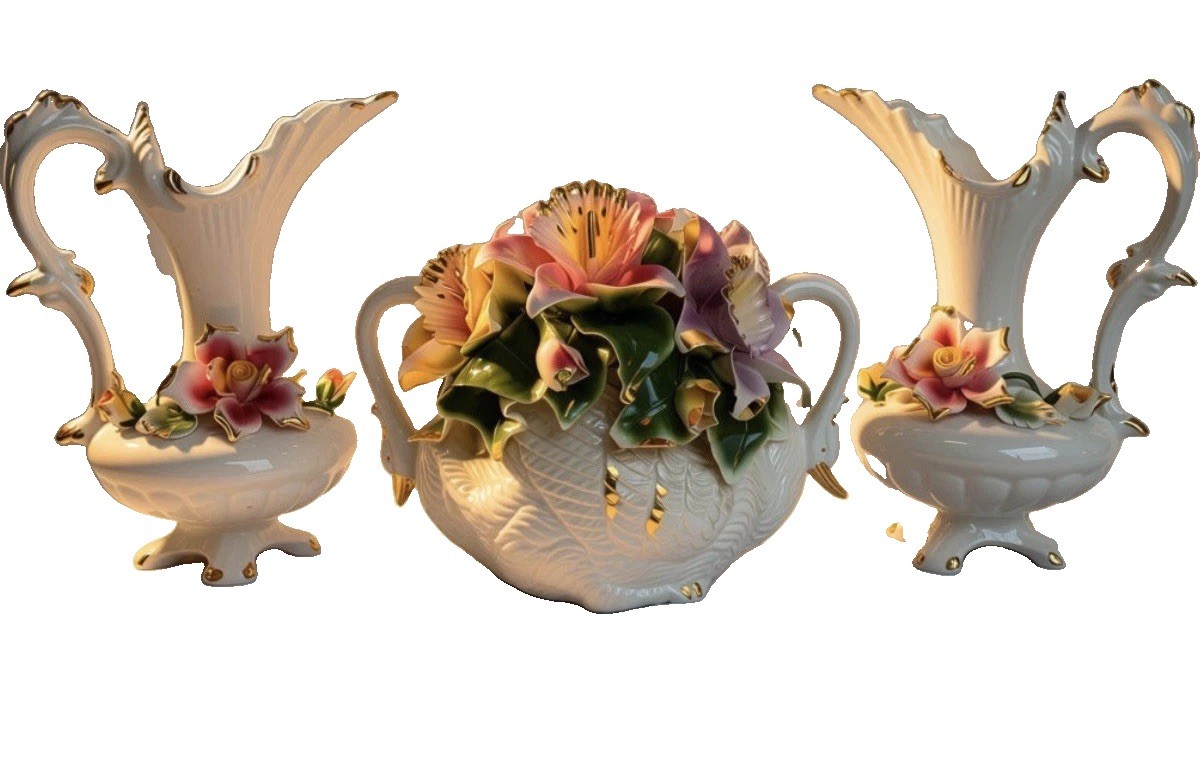 Vintage Capodimonte Porcelain 3-Piece Garniture Set Swan Centerpiece & 12
