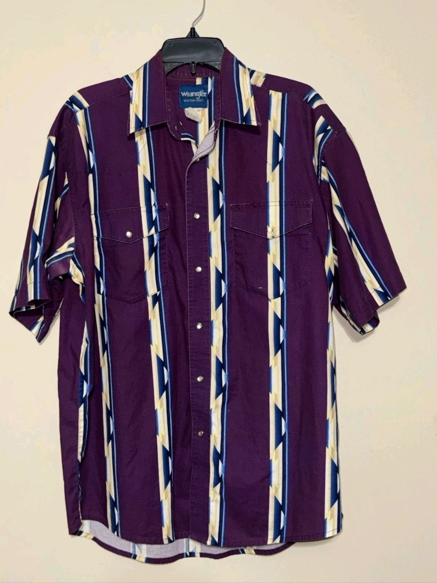 Vintage Wrangler Pearl Snap Shirt Men\'s Large Purple Blue Western Aztec 90s