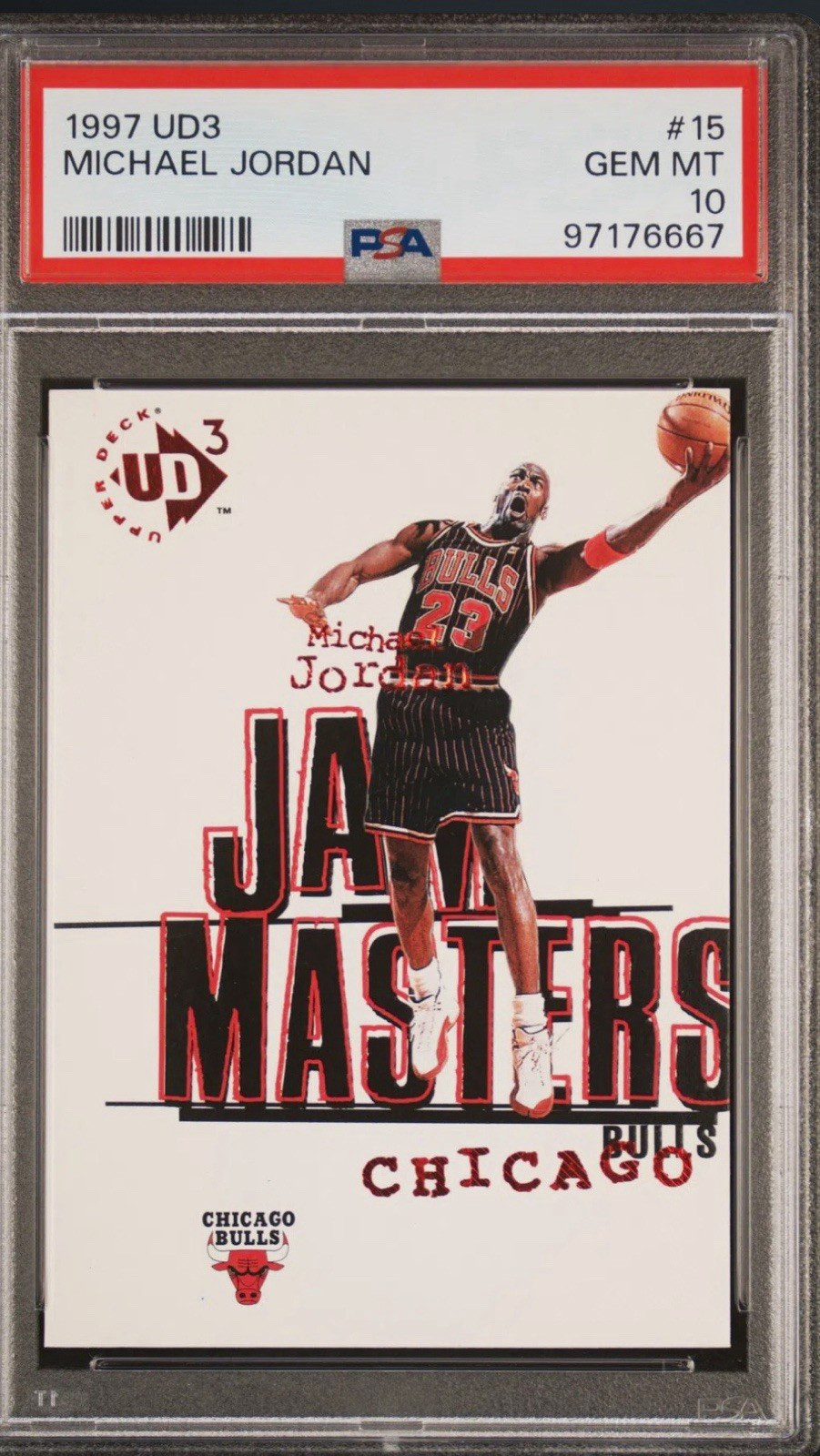Upper Deck 1997 UD3 Michael Jordan Chicago Bulls Jam Masters #15 PSA 10 Upper Deck 1997 UD3 Michael Jordan Chicago Bulls Jam Masters #15 PSA 10