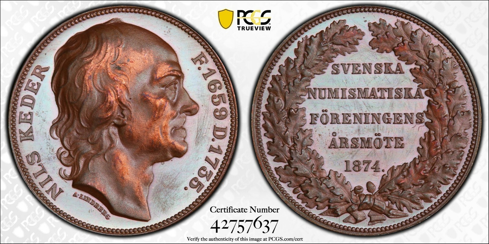 1874 SWEDEN NILS KEDER BRONZED AE MEDAL BY ADOLF LINDBERG PCGS SP62 #42757637