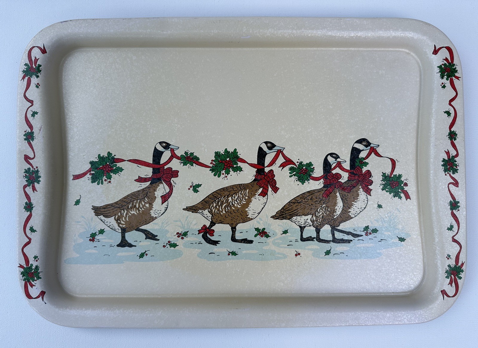 Vtg 1985 Potpourri Press Christmas Geese Metal Tin Serving Tray Large 18