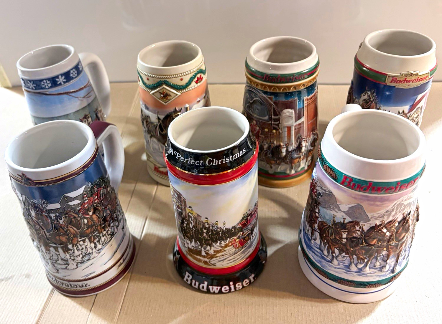 Lot of 7 Vintage Budweiser Christmas Holiday Steins 1989-1998 Clydesdales (4 NIB Lot of 7 Vintage Budweiser Christmas Holiday Steins 1989-1998 Clydesdales (4 NIB
