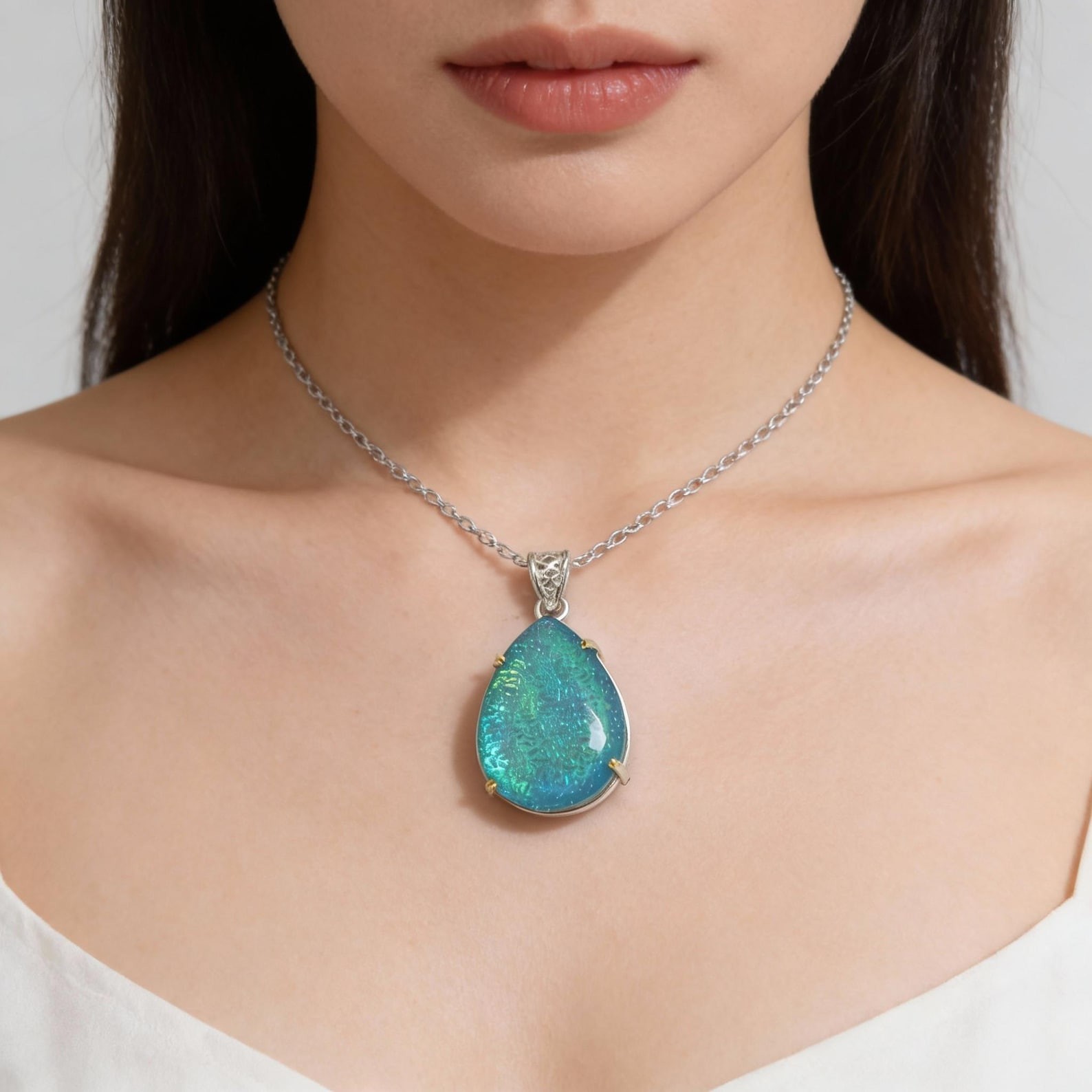Handmade Monarch Opal Pear Pendant Necklace 100–110CT, Large Teal Opal Drop