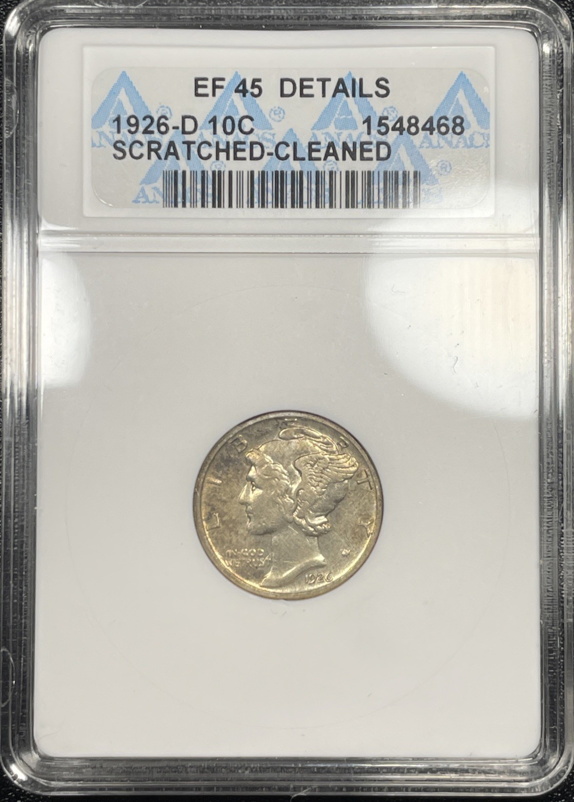 1926-D Mercury Silver Dime 10c ANACS XF45 Details Soapbox 1926-D Mercury Silver Dime 10c ANACS XF45 Details Soapbox