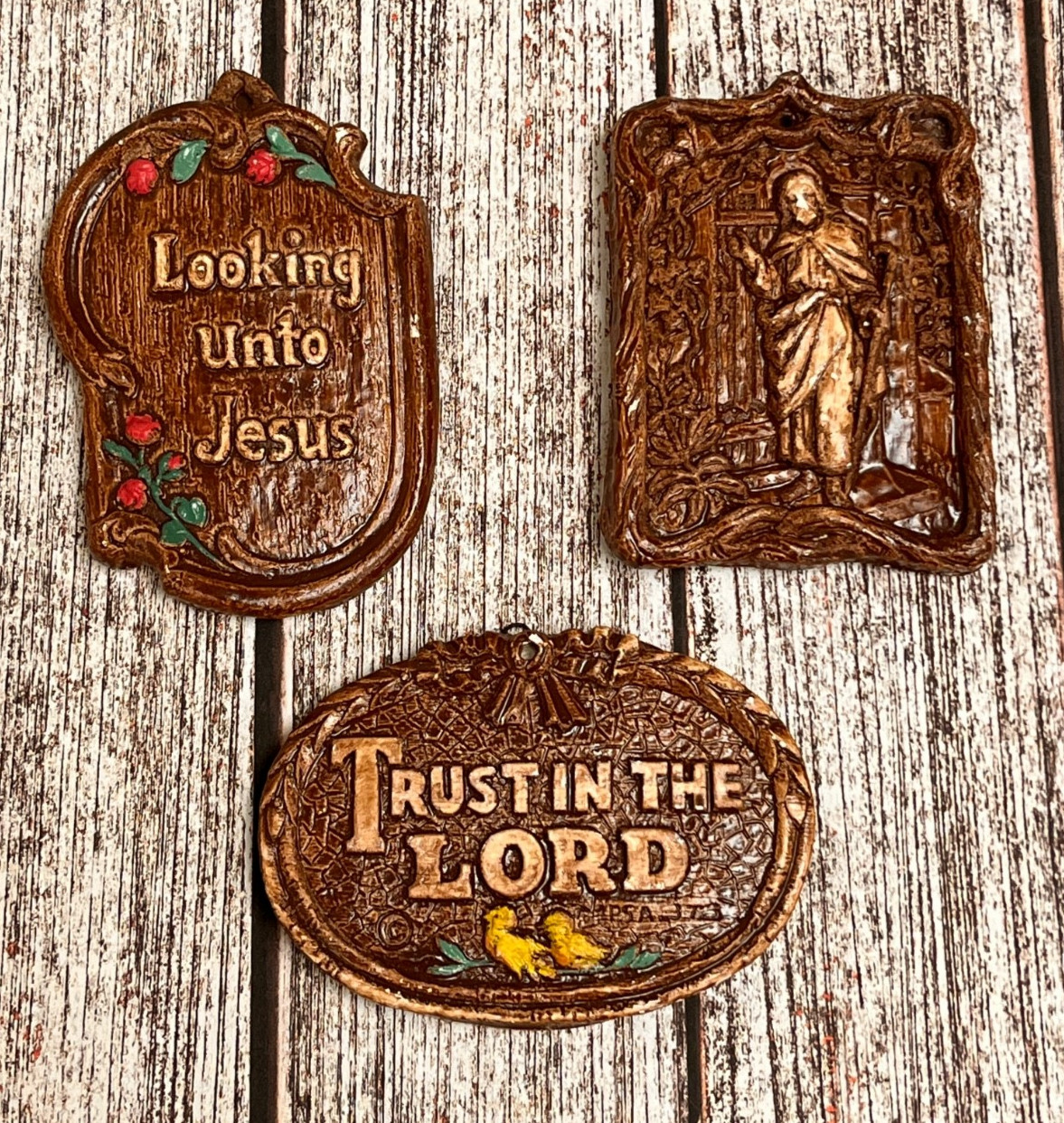 Vintage - Jesus Religious Mini Wall Plaques Faux Wood Plaster Chalkware 1950's Vintage - Jesus Religious Mini Wall Plaques Faux Wood Plaster Chalkware 1950's