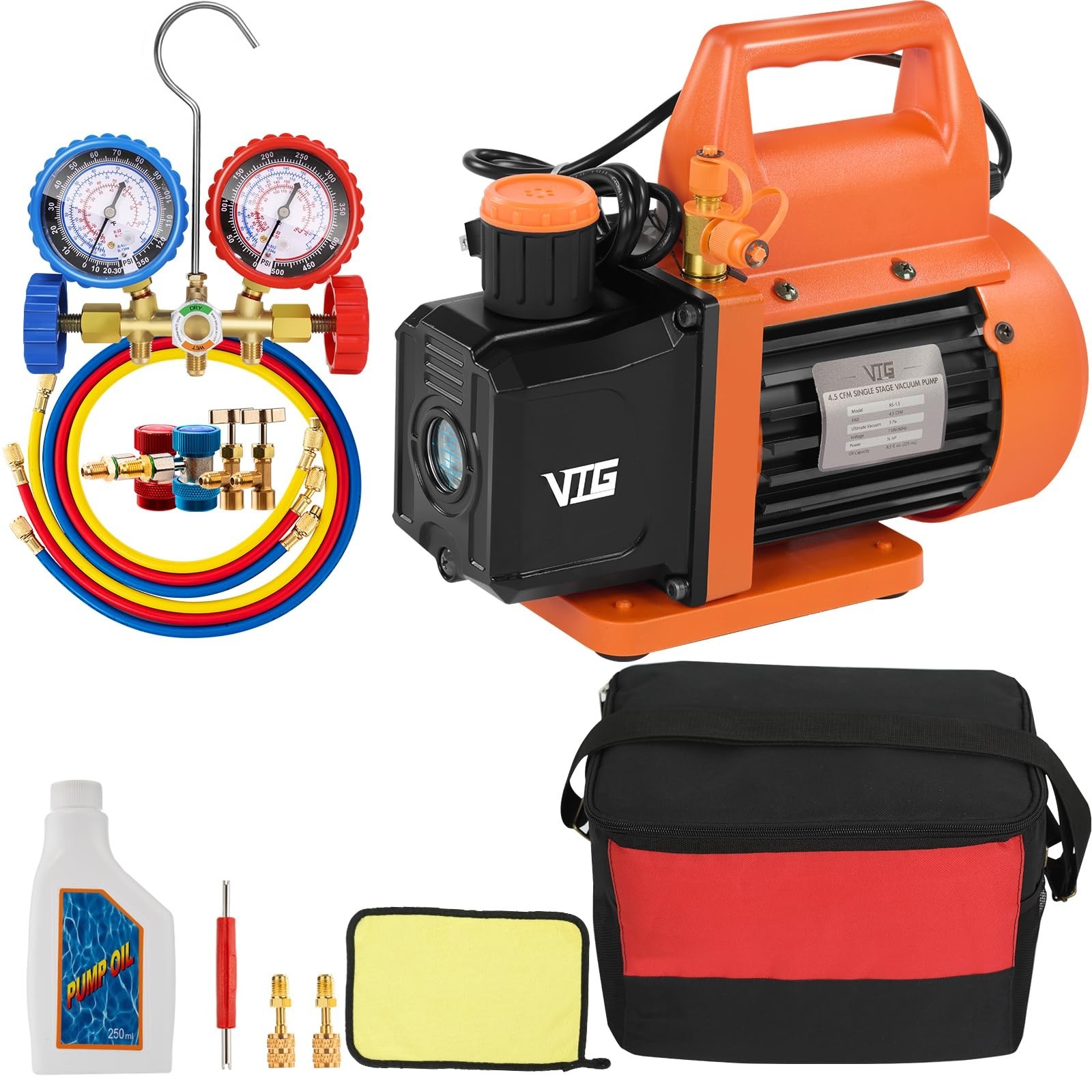 4.5 CFM AC Vacuum Pump and Gauge Set for R134a R12 R22 R502 AC Vacuum Pump Kit f 4.5 CFM AC Vacuum Pump and Gauge Set for R134a R12 R22 R502 AC Vacuum Pump Kit f