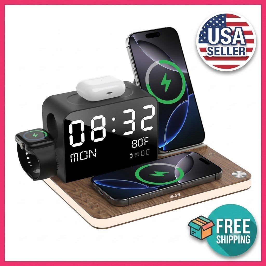 Acer 7 in 1 Wireless Charging Station Charger with Clock, LED Night Light