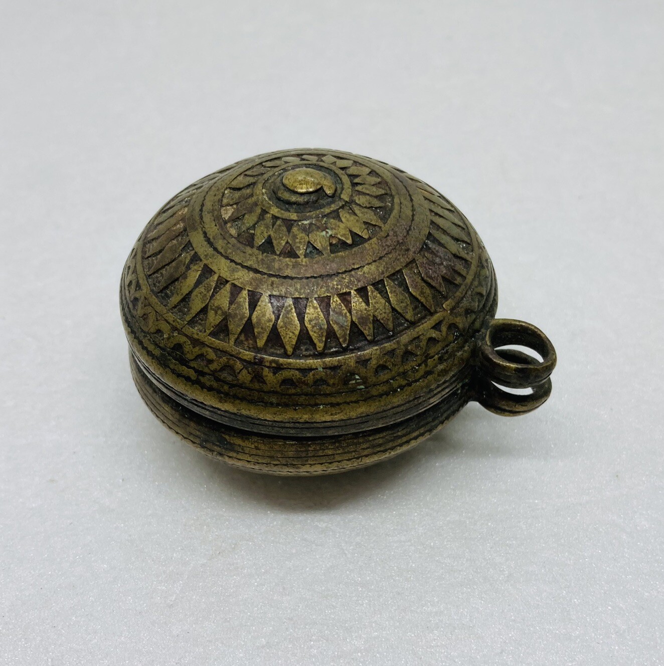 Antique 19th Century Brass Round Betel Nut Box Nepal Hand Engraved Art Decor 22