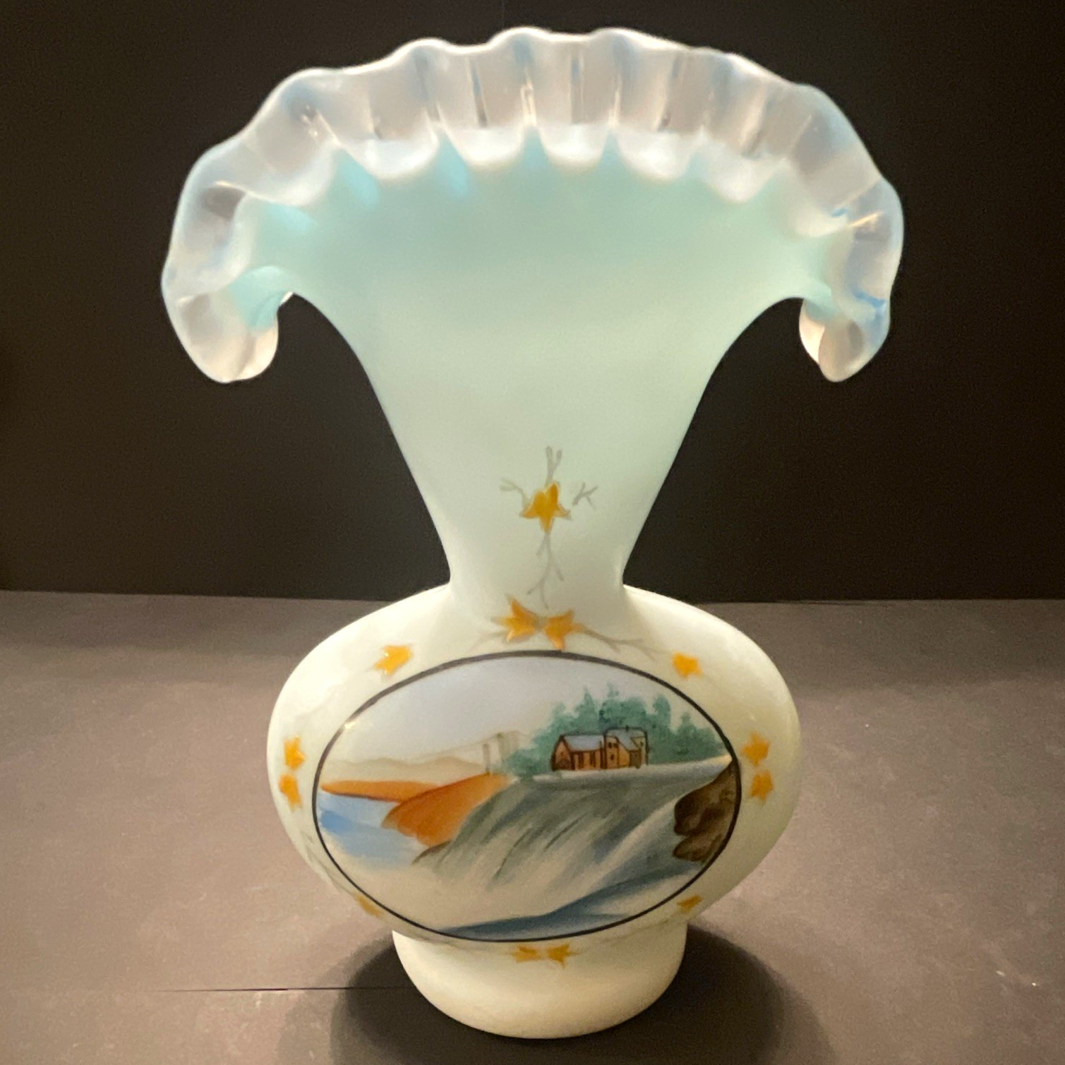 Fenton Blue Satin Glass Vase Hand Painted Scenic Mill Waterfalls Unmarked VTG