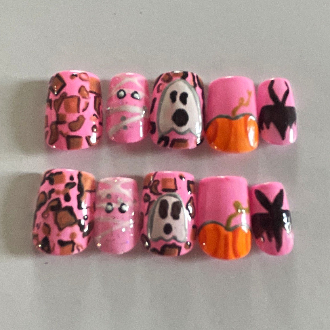Halloween Press-On Nails Short Square Pink Black Orange White Shiny Pre-Designed Halloween Press-On Nails Short Square Pink Black Orange White Shiny Pre-Designed