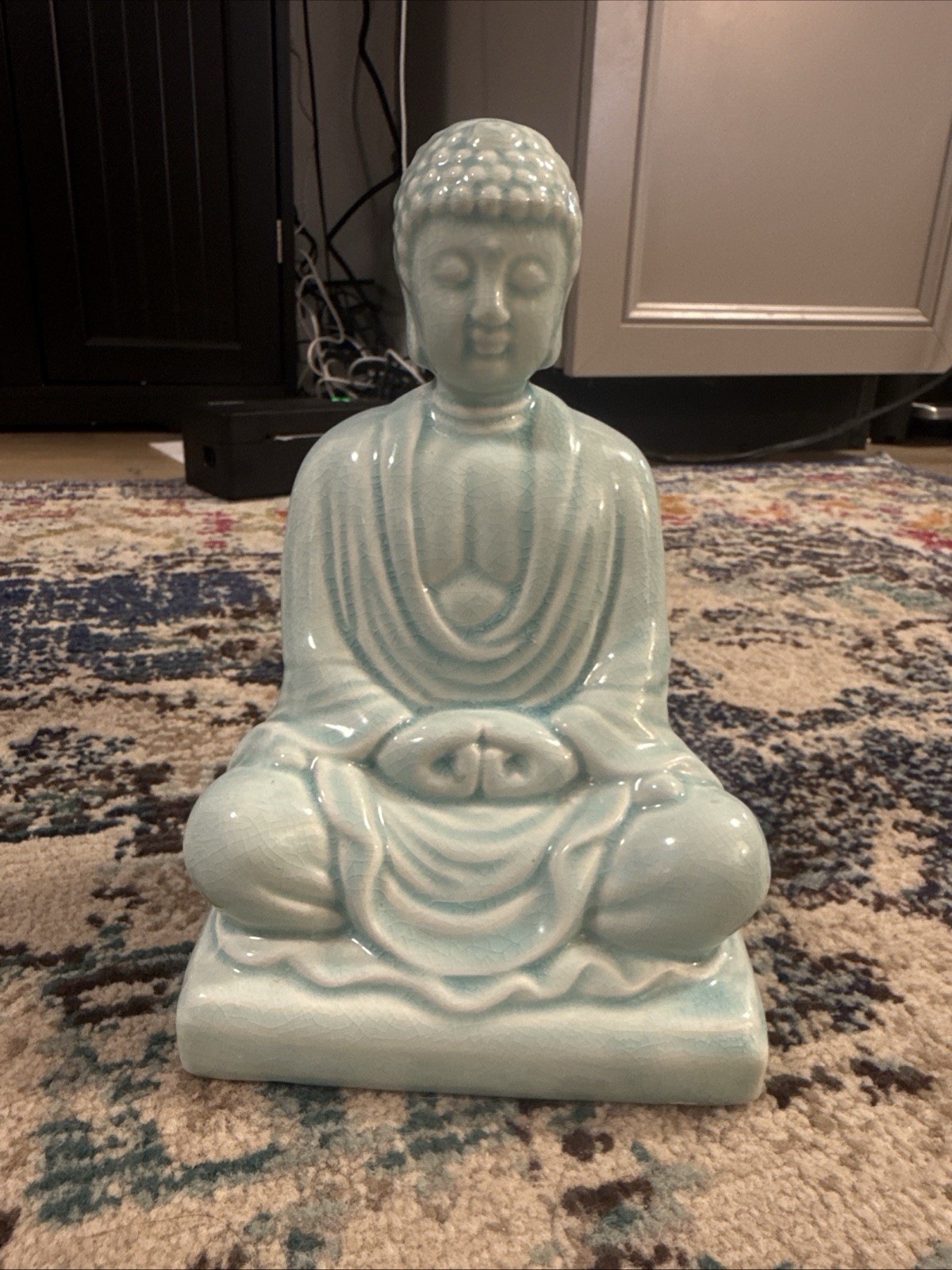 Buddha Statue Ceramic Teal Turquoise Beige Crackle Glazed Seated 7\ Buddha Statue Ceramic Teal Turquoise Beige Crackle Glazed Seated 7\