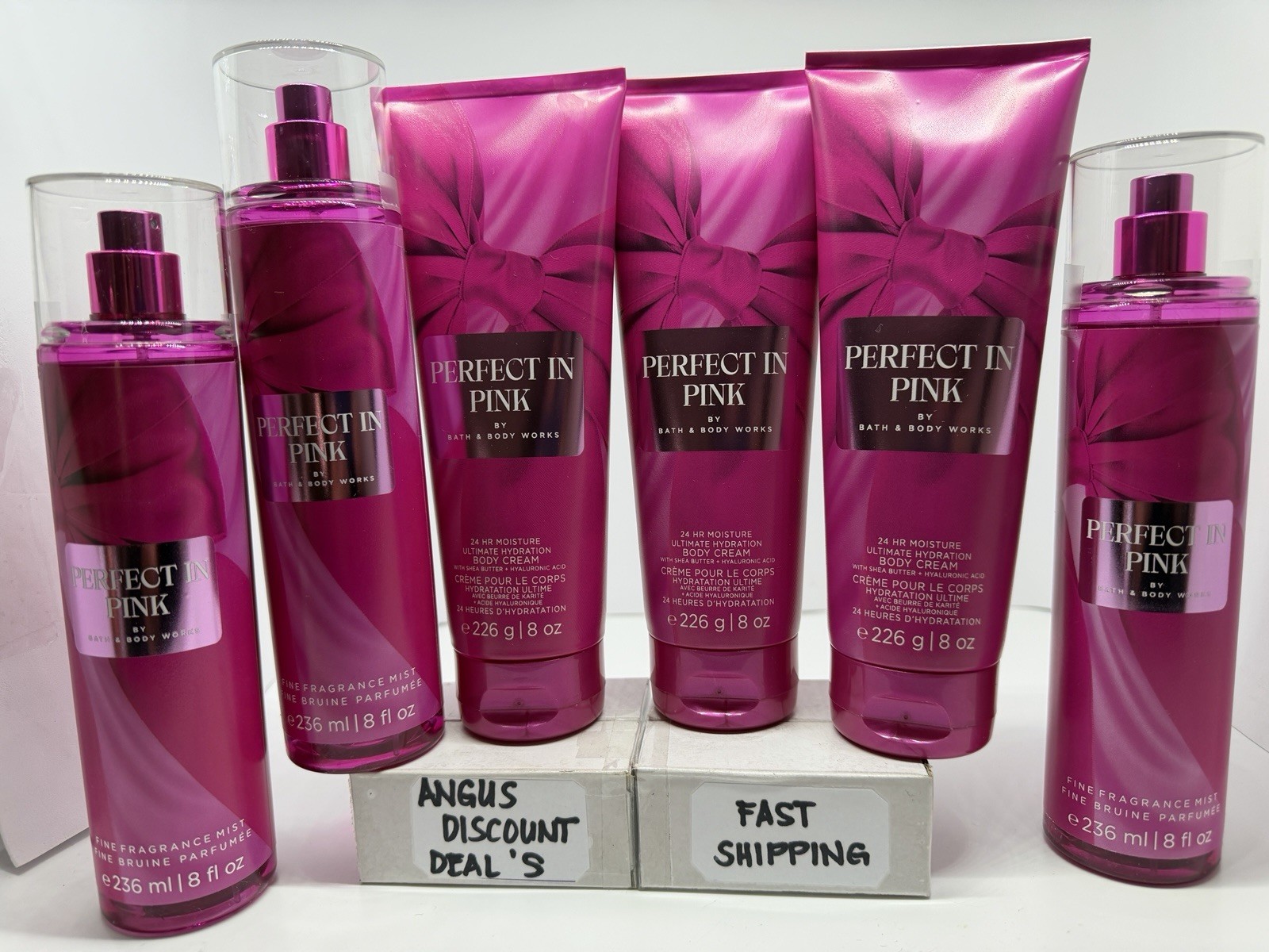 Bath & Body Works 6PCS PERFECT IN PINK Body MIST  & HYDRATION  BODY CREAM, 8oz.