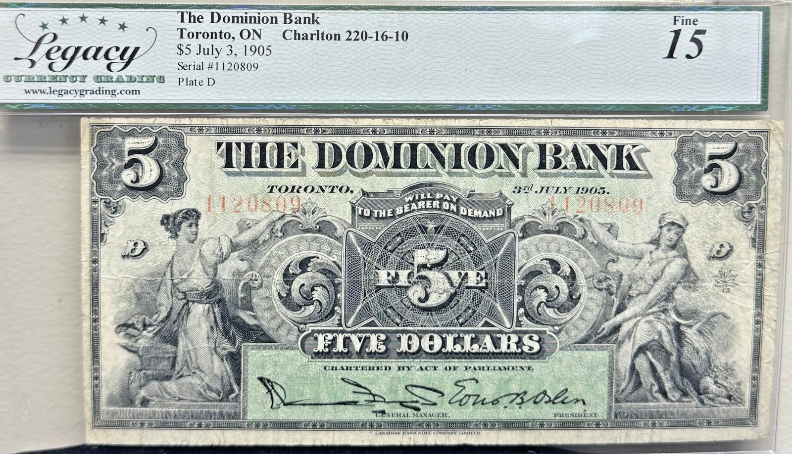 1905 The Dominion Bank $5 Note, Toronto LCG 15 Fine 1905 The Dominion Bank $5 Note, Toronto LCG 15 Fine