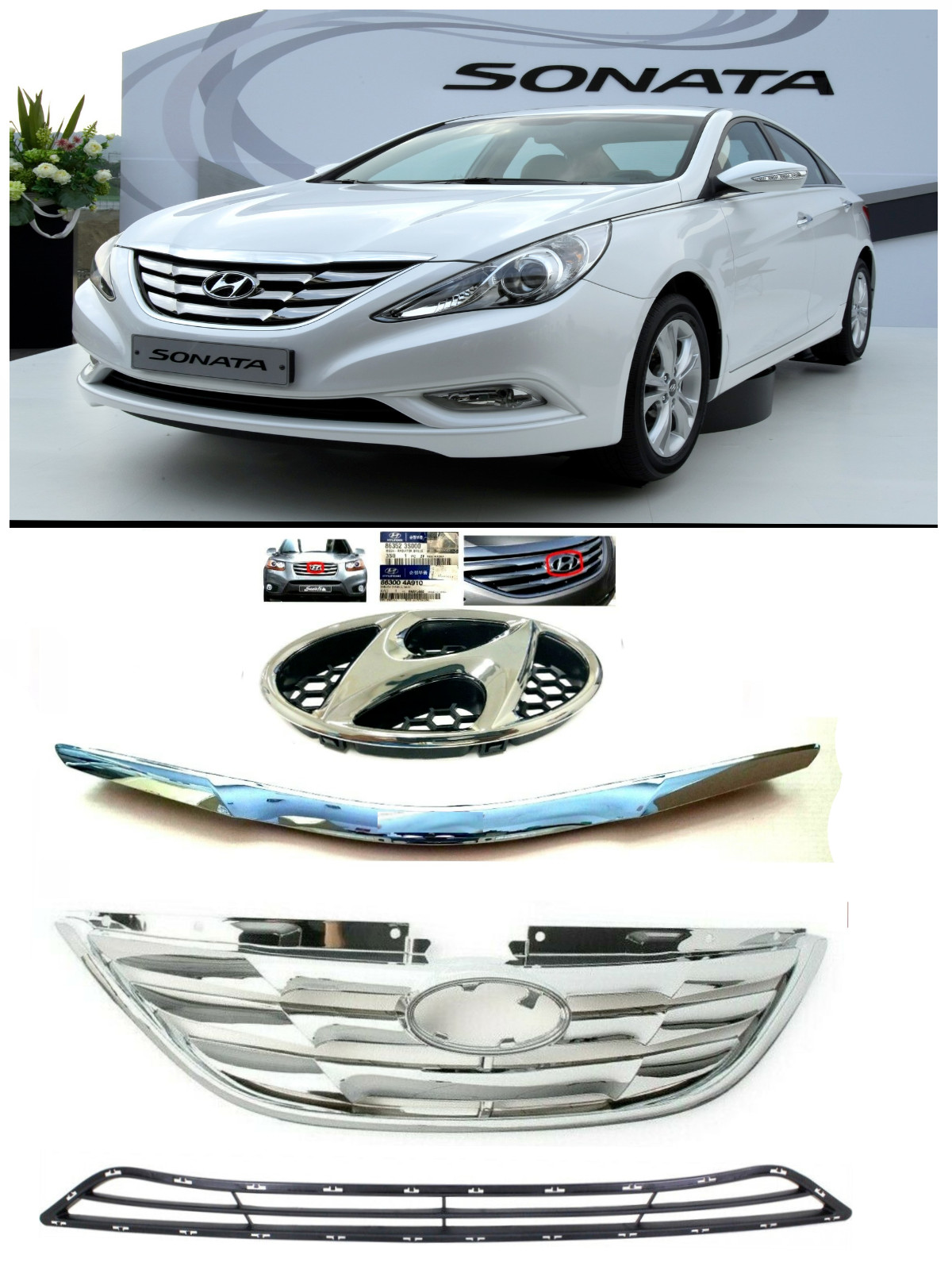 4pcs For 2011-13 Sonata Lower Grille + UPPER Grill + grille Chrome Molding Hood