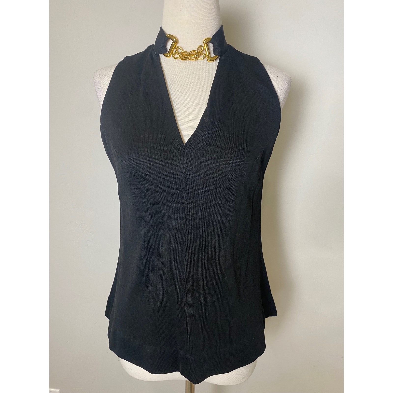 Vintage 60s Up-Beat Inc Black Knit Halter Top Gold Chain Link V-Neck Mod Top Vintage 60s Up-Beat Inc Black Knit Halter Top Gold Chain Link V-Neck Mod Top