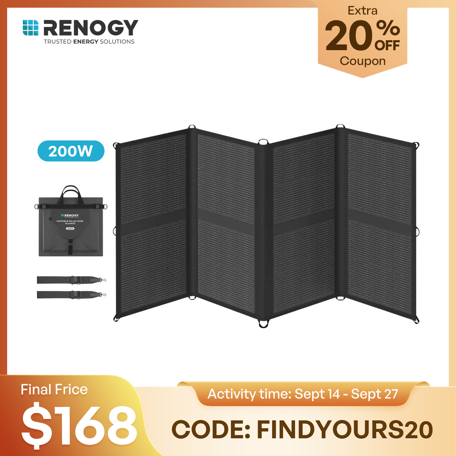 Renogy 200W Solar Panel Blanket Portable Solar Suitcase Foldable Solar Panel
