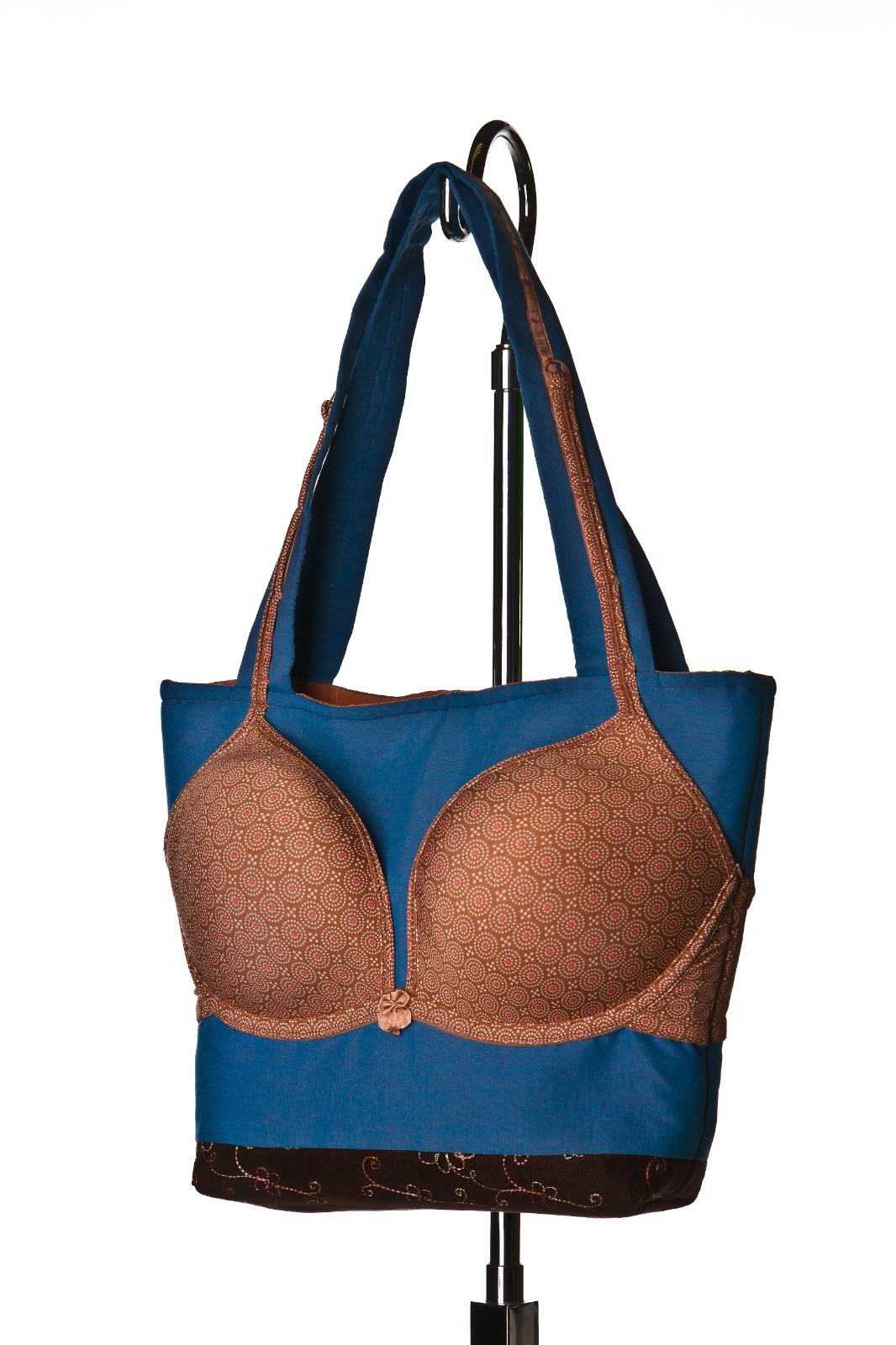 Vintage Handmade Bra Purse Blue Brown Lingerie Novelty Shoulder Tote Y2K