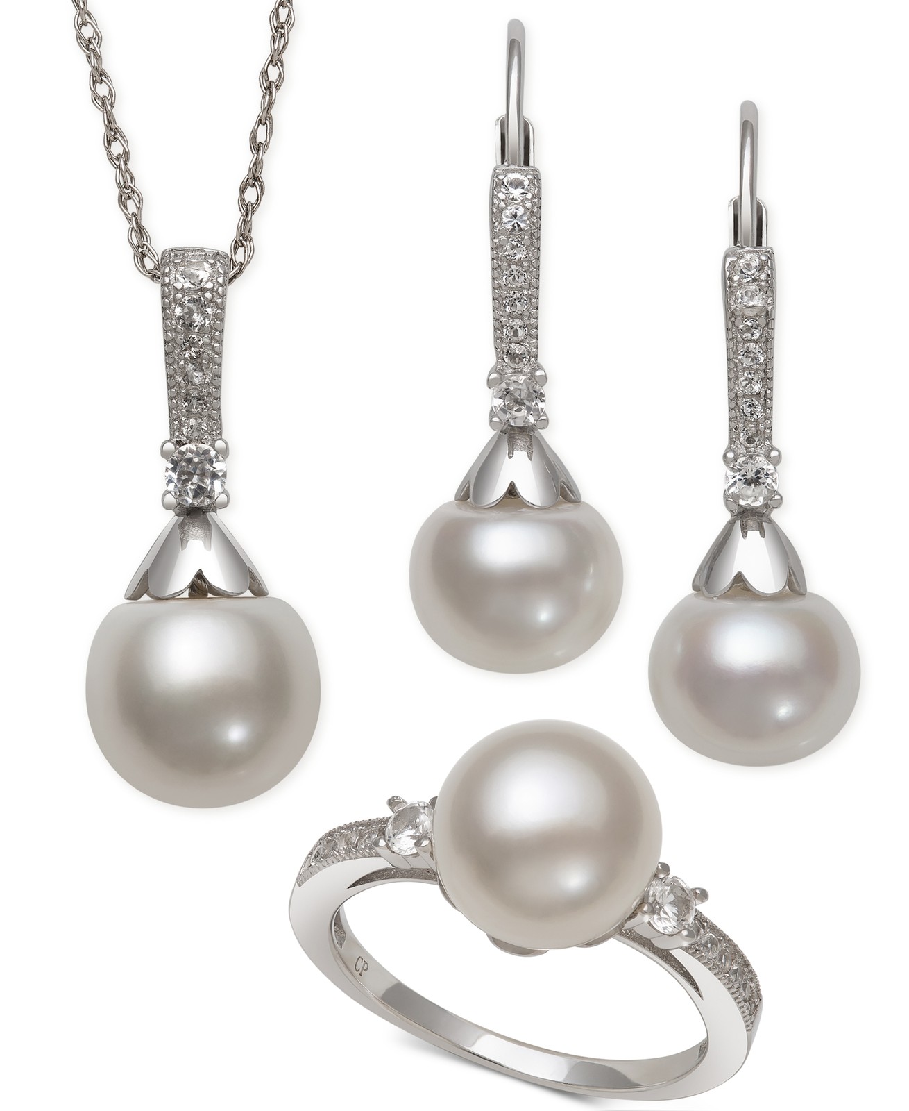 Macy\'s Pearl & White Topaz Jewelry Set 925 Sterling Silver QSET-11075-ME Size 7