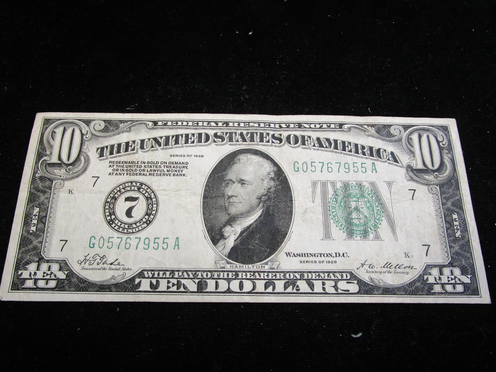 1928 US Federal Reserve $10 Note Very Fine Condition Chicago Bank