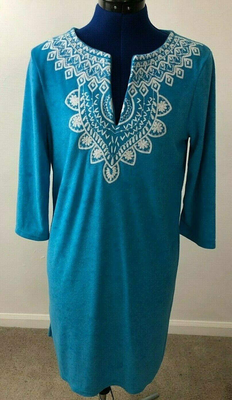 NWT $90 Talbots Women\'s Size Small Terry Turquoise Dress V-neck Embroidery