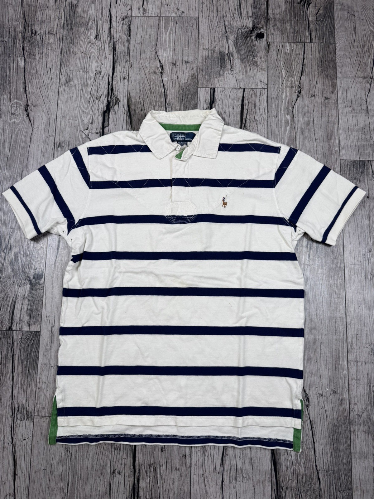 Vtg Polo By Ralph Lauren Polo Shirt Men\'s L Striped Padded Blue White Green 90s