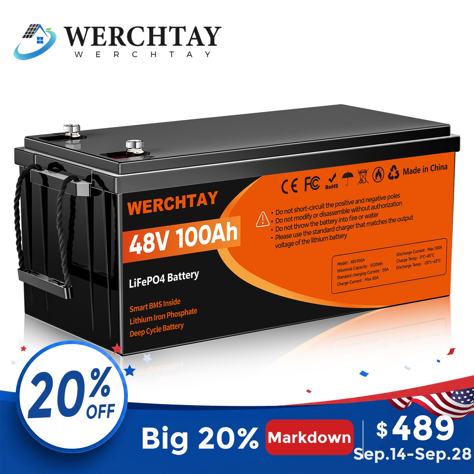 48V 100Ah LiFePO4 Lithium Battery 25000+ Deep Cycles BMS For RV Sloar Golf Carts