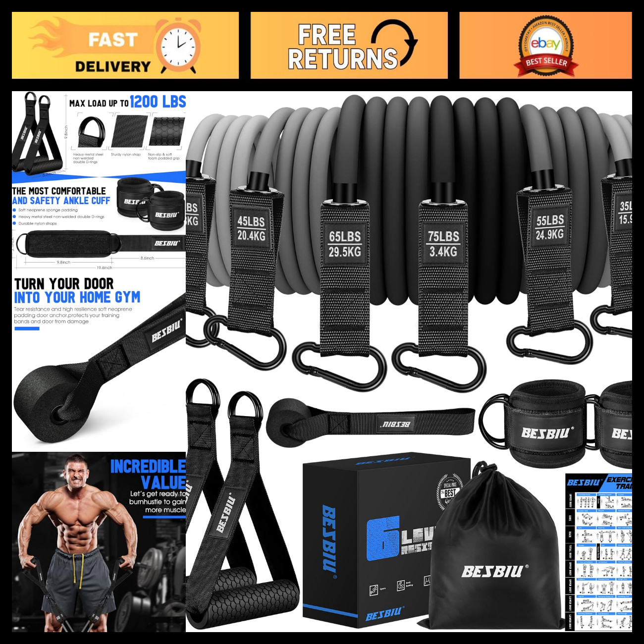 Heavy Resistance Bands Set 300lbs/360lbs/420lbs - Workout Bands with Handles, Do