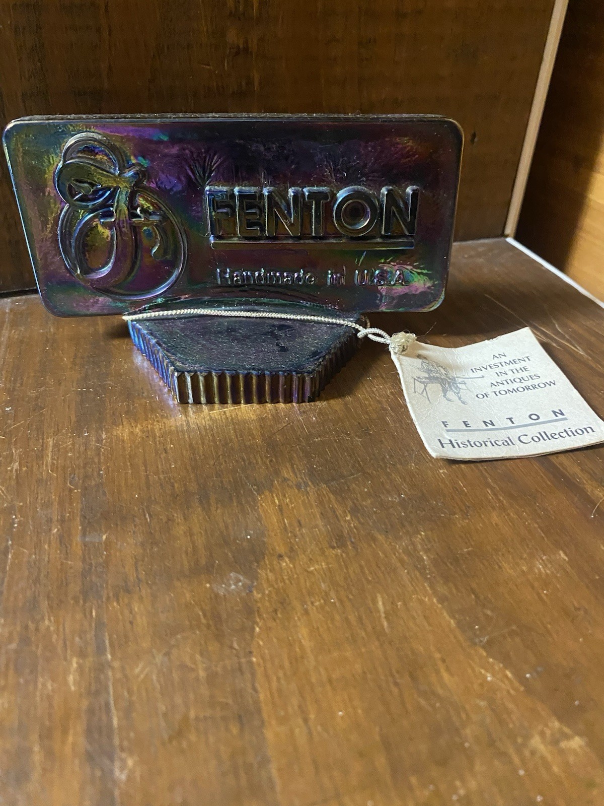 Vintage Fenton Glass Logo Plaque W/orig. Paper Tag & Sticker Iridescent Purple Vintage Fenton Glass Logo Plaque W/orig. Paper Tag & Sticker Iridescent Purple