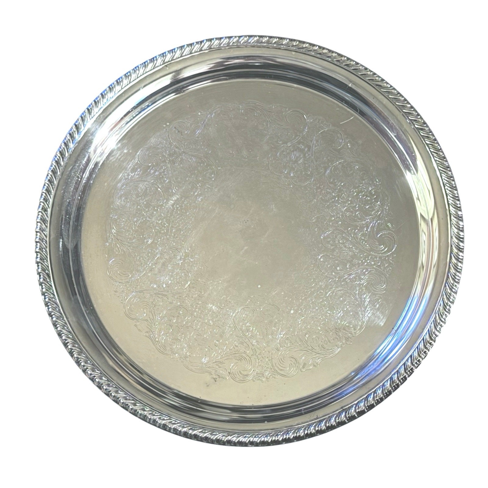 1960s International Silver Co 12” Round Serving Tray Rope Edge Floral Scrollwork 1960s International Silver Co 12” Round Serving Tray Rope Edge Floral Scrollwork