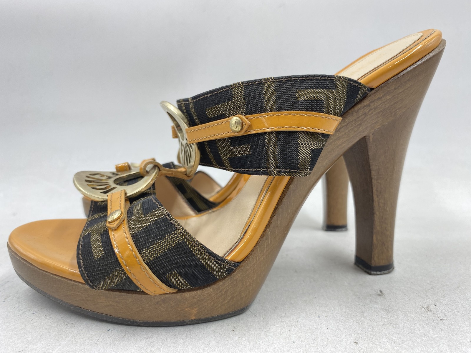 Fendi Zucca Canvas Wood Platform Heel Mules Tan Orange Size 36