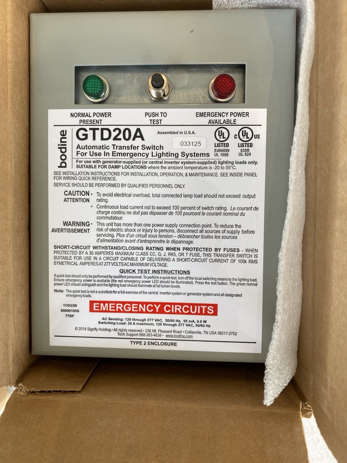 BODINE GTD20A 120/277V 50/60HZ 9W 20A TYPE 2 EMERGENCY LIGHTING TRANSFER SWITCH BODINE GTD20A 120/277V 50/60HZ 9W 20A TYPE 2 EMERGENCY LIGHTING TRANSFER SWITCH