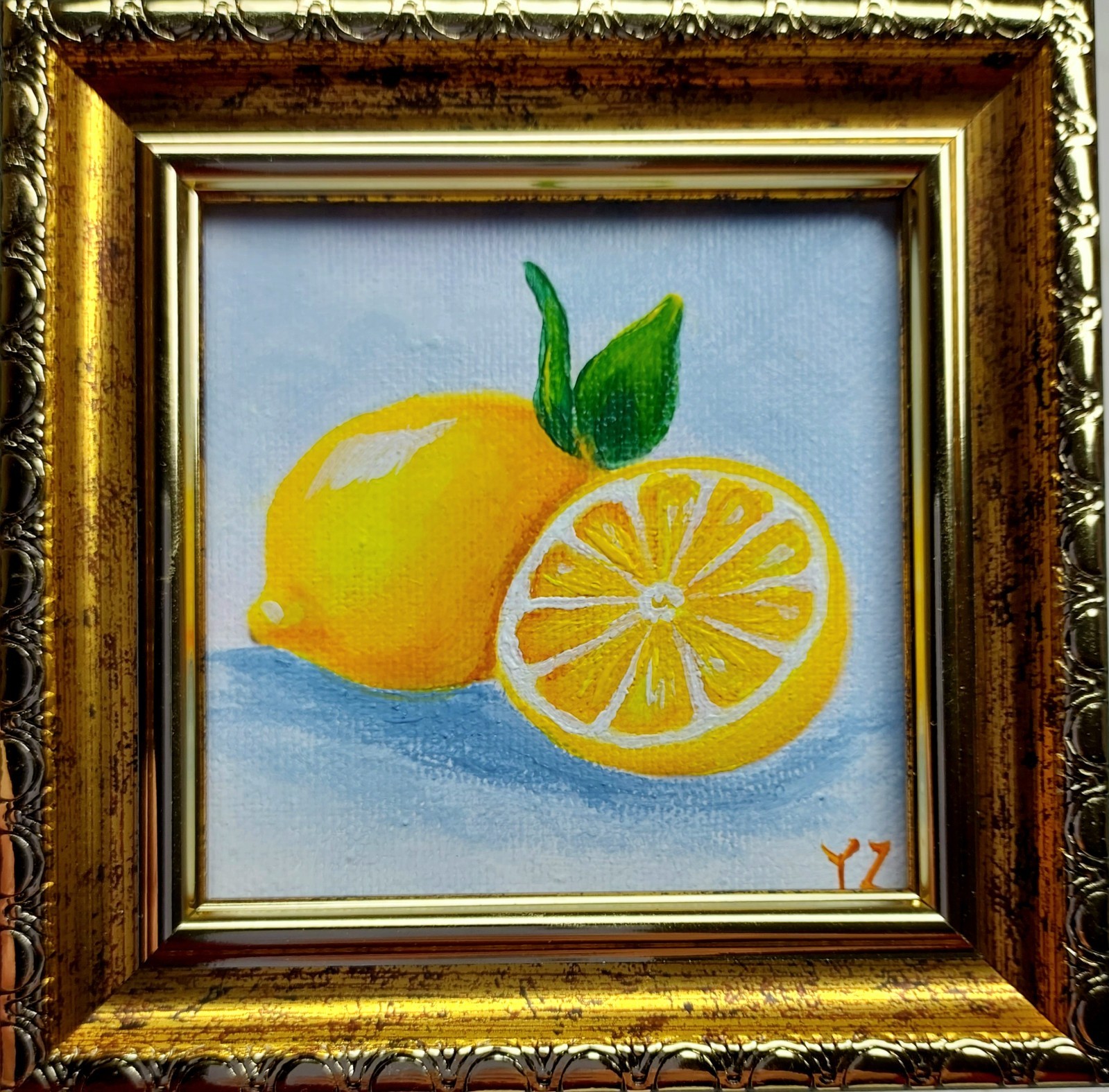 Lemon Painting Original Miniature Oil Art Cut Lemon Citrus Still Life Kitchen