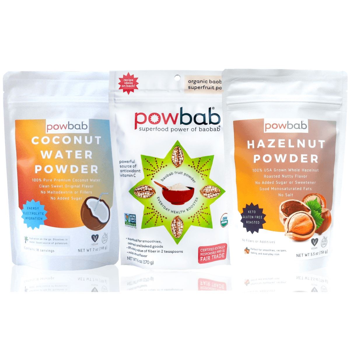 Smoothie Base Bundle: 100% USA Hazelnut + Coconut Water Powder + Baobab (3 Pack)