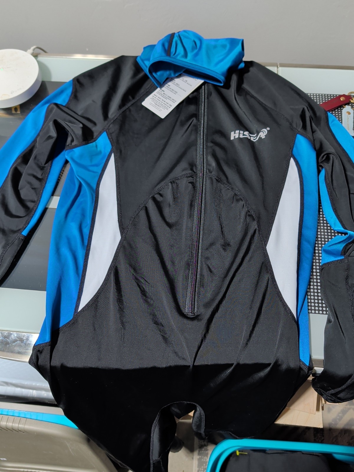 Hisea SCUBA DONKEY Unisex Front Zip Full Hooded Wetsuit, Black & Blue XXL