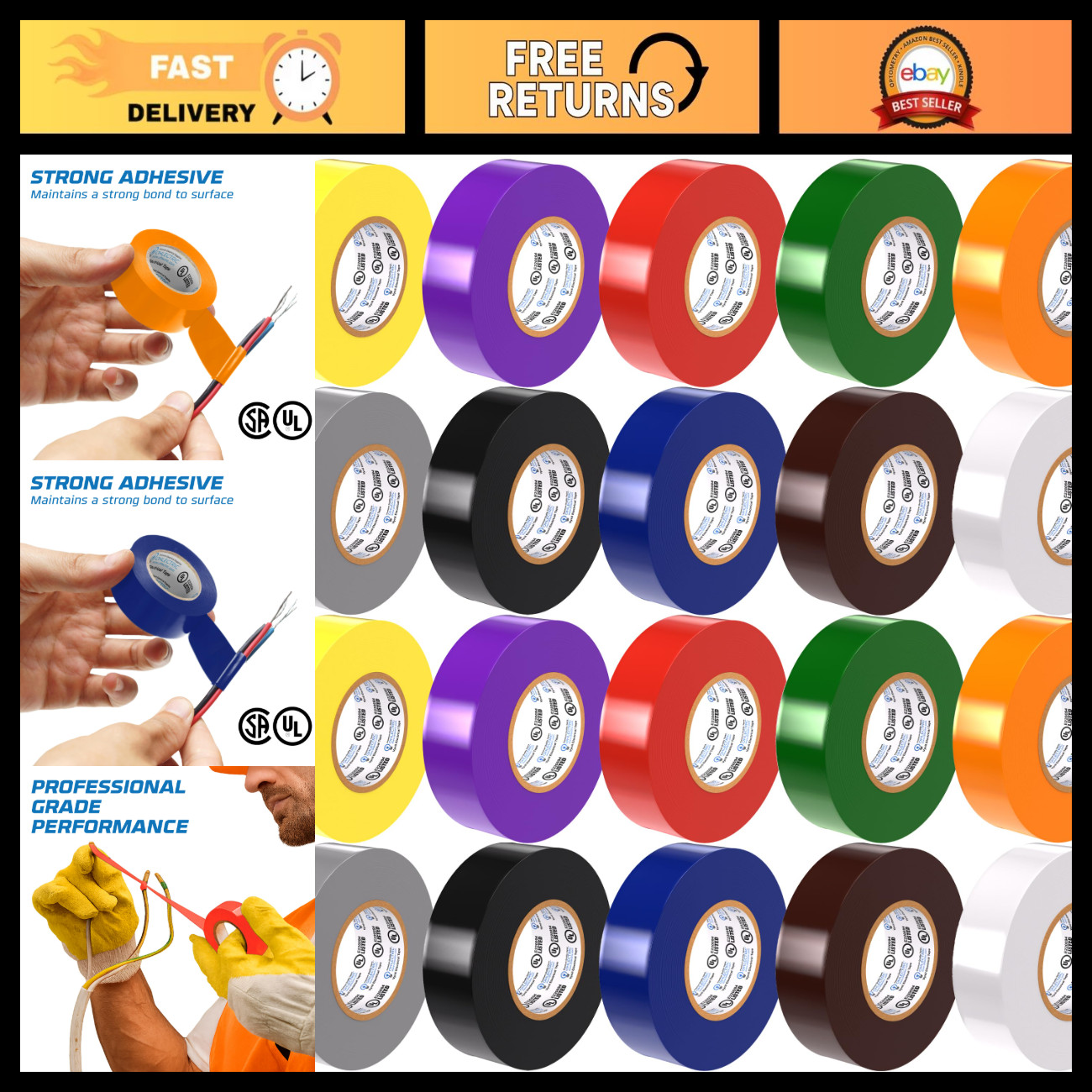 Professional Vinyl Electrical Tape 20 Pack - Multicolored, 7 Mil Thick, Flame-Re