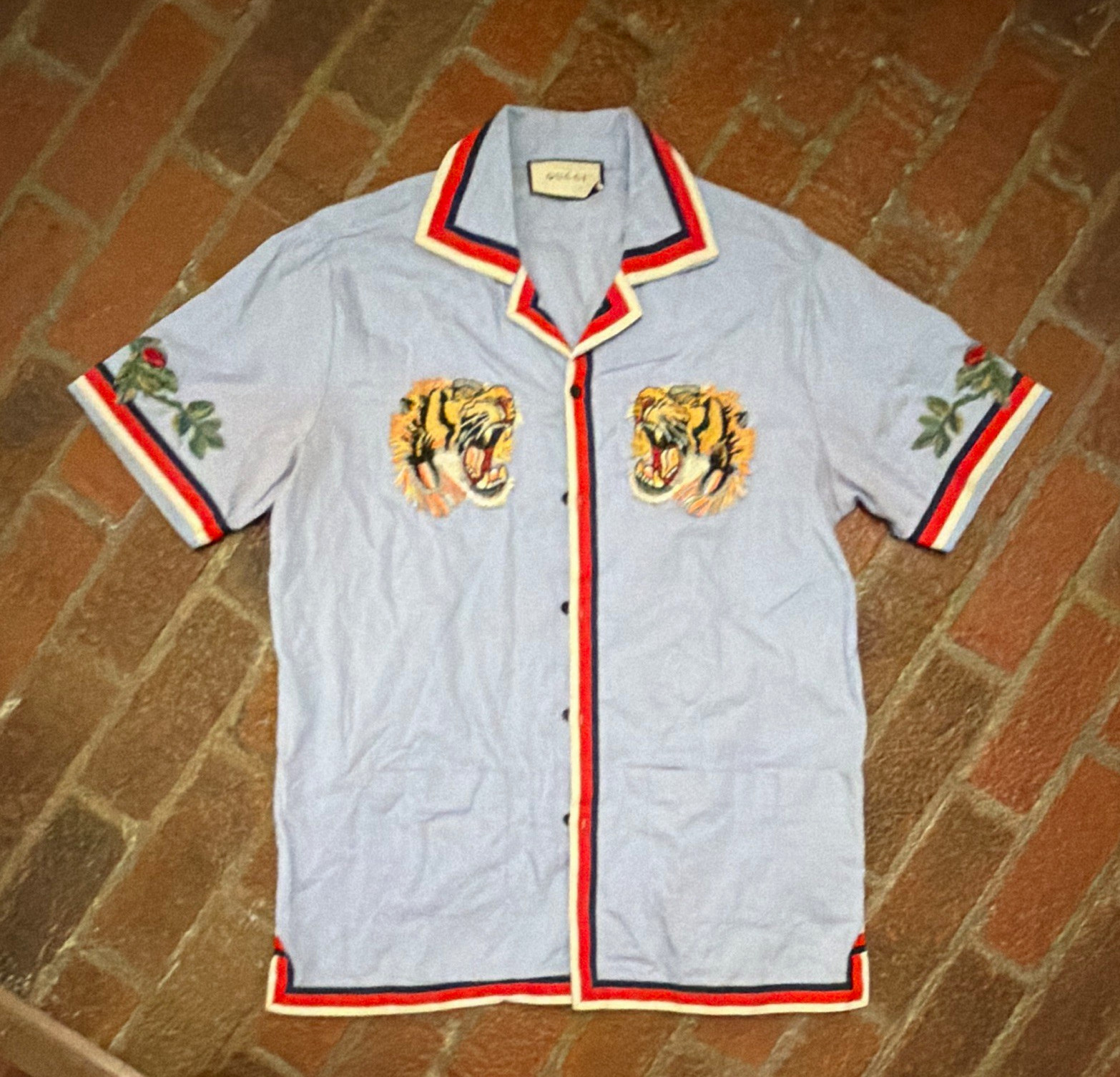 XXL-Gucci Men\'s M Light Blue Cotton Woven Short Sleeve Tiger Embroidered Shirt