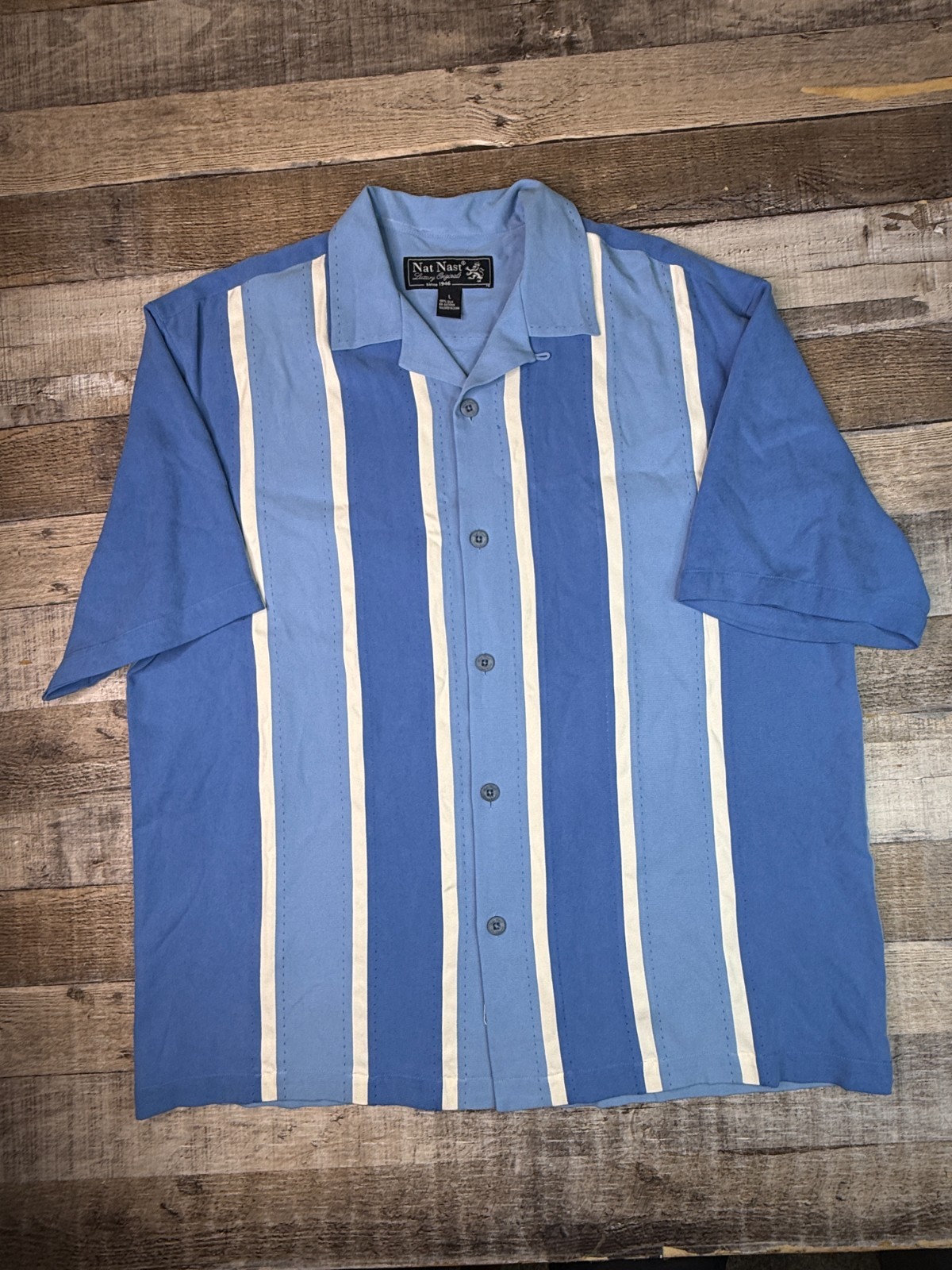 Nat Nast Shirt Mens L Blue Silk Short Sleeve Camp Loop Collar Button Up Striped Nat Nast Shirt Mens L Blue Silk Short Sleeve Camp Loop Collar Button Up Striped