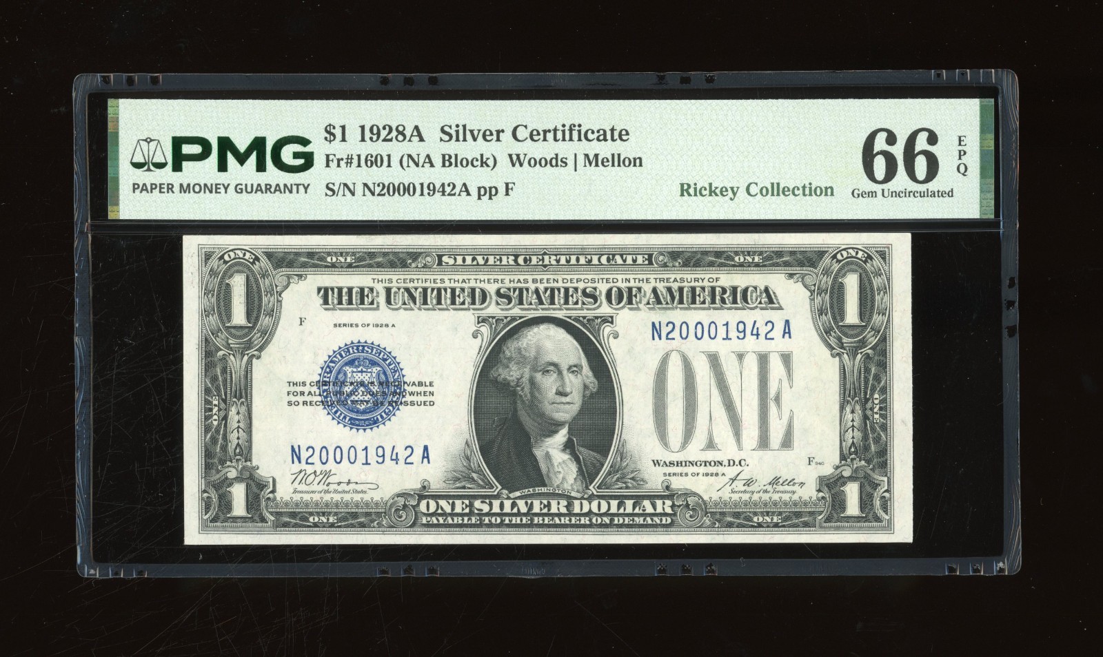 DBR 1928-A $1 Silver Fr. 1601 Gem NA Block PMG 66 EPQ Birthyear Ser # N20001942A
