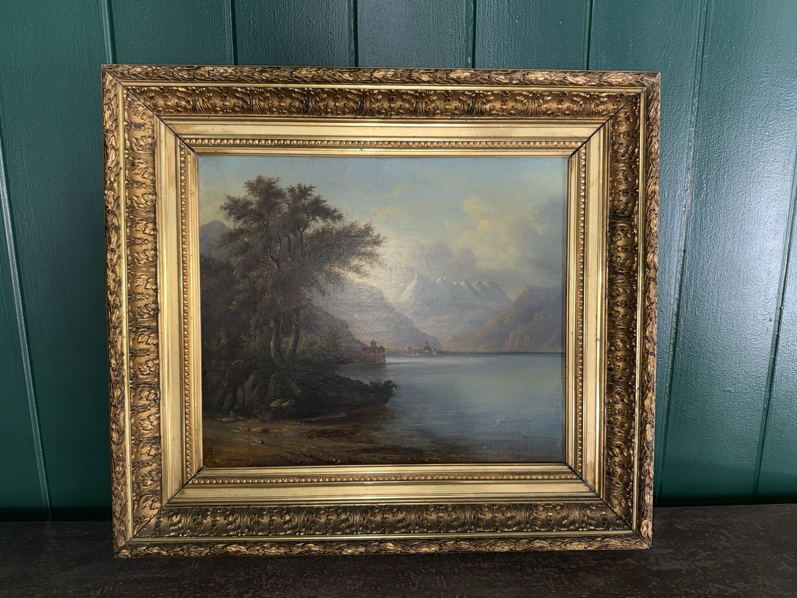 Antique French Oil Painting: Château de Chillon, Swiss Alps Antique French Oil Painting: Château de Chillon, Swiss Alps