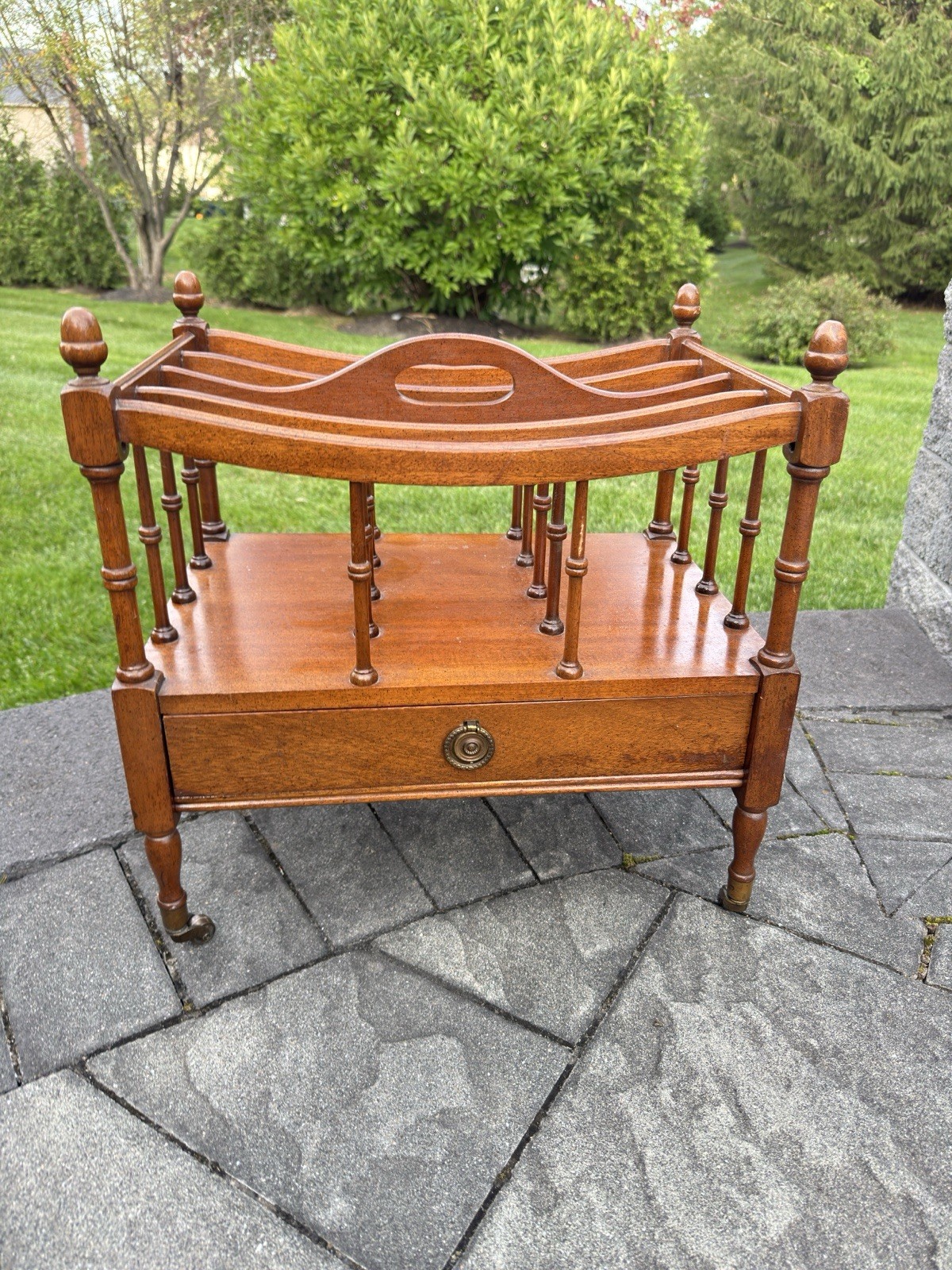 Vintage Columbia Mfg Genuine Mahogany Canterbury Magazine Rack Stand w/ Drawer