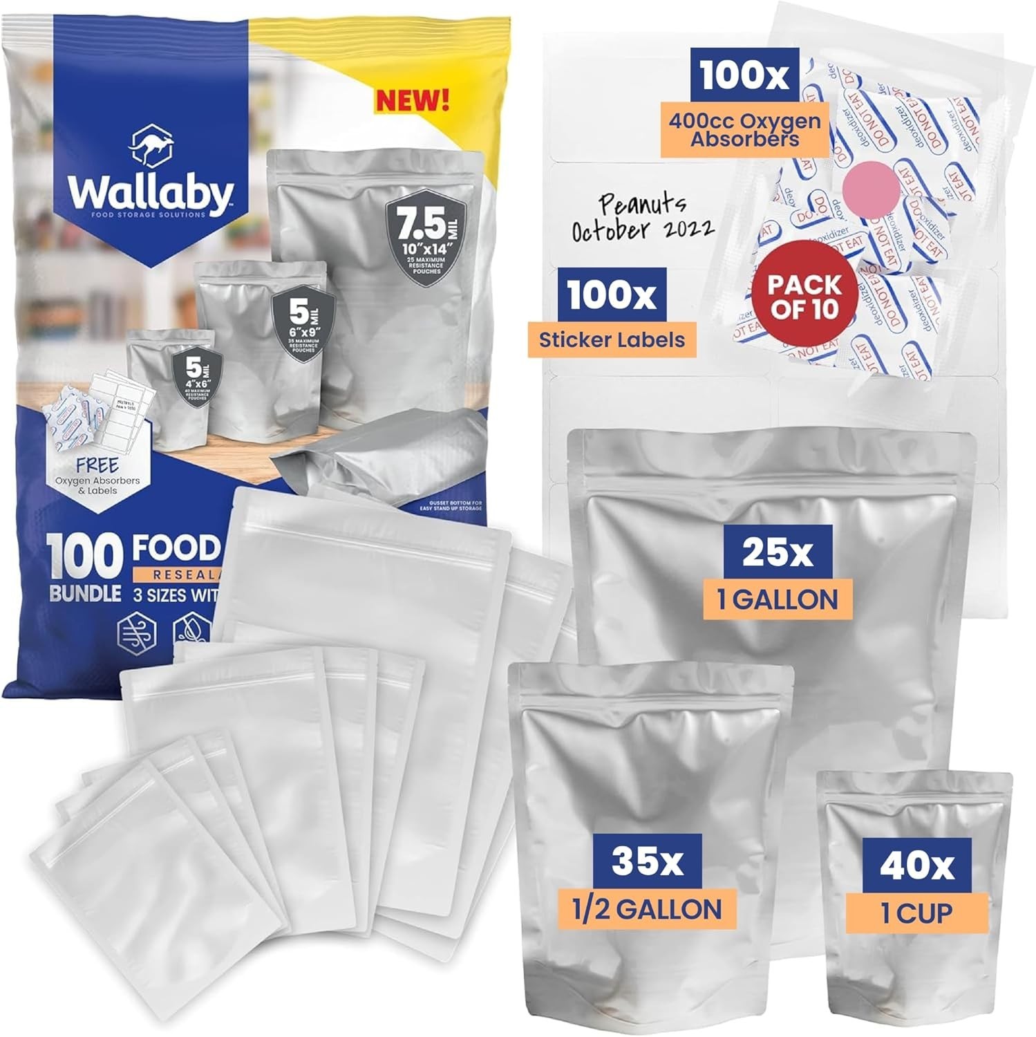 Wallaby 100ct Multi-Size Mylar Bags w/ 400cc Oxygen Absorbers Food Storage