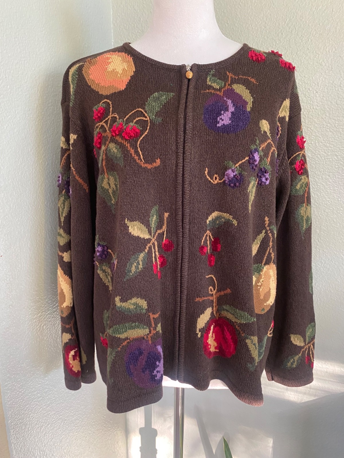 VTG 90s Talbots Whimsical Fruit Zip Cardigan Sweater 1X Cottagecore Grannycore