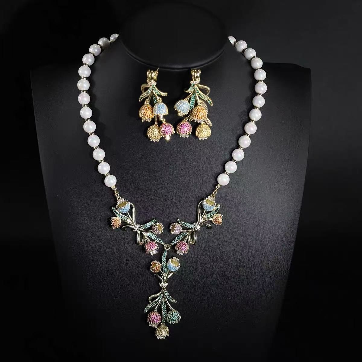 Vintage Lily of the Valley Pearl Necklace Earrings Set Botanical Statement Jewel