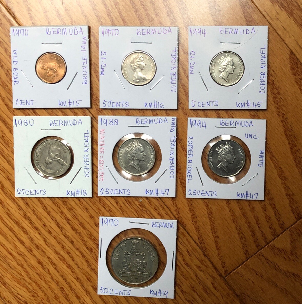 1970,1980,1988,1994 Bermuda 7 Coins Set 1,5,25,50 Cents 1970,1980,1988,1994 Bermuda 7 Coins Set 1,5,25,50 Cents