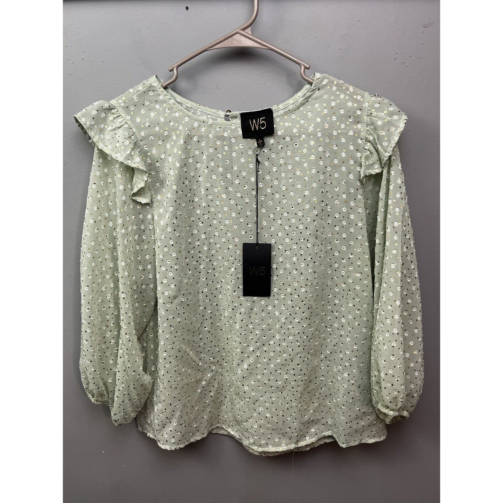 Anthropologie W5 Top Womens Small Swiss Dot Metallic Ruffled Balloon Sleeve NEW