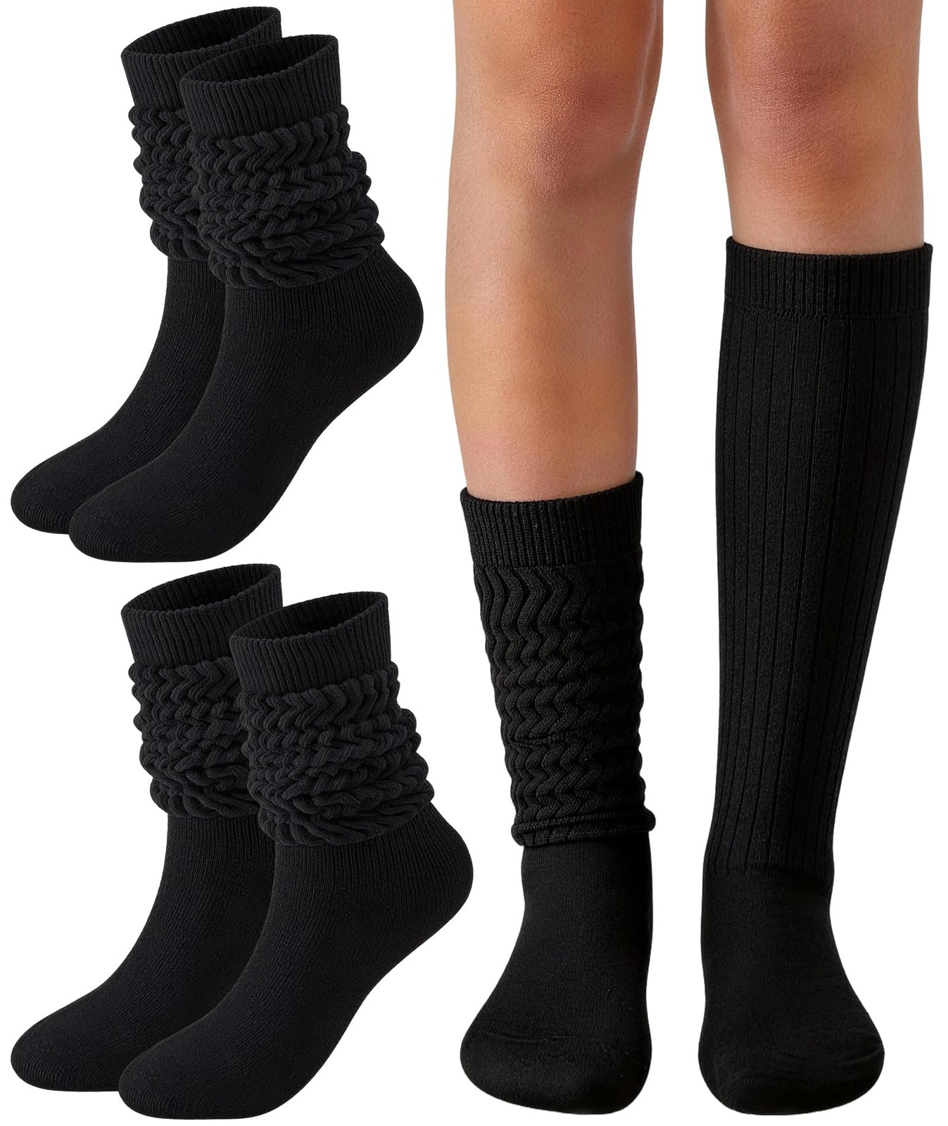 PLULON 2 Pairs Black Slouchy Socks for Women, Scrunch 5-11, Black-2 
