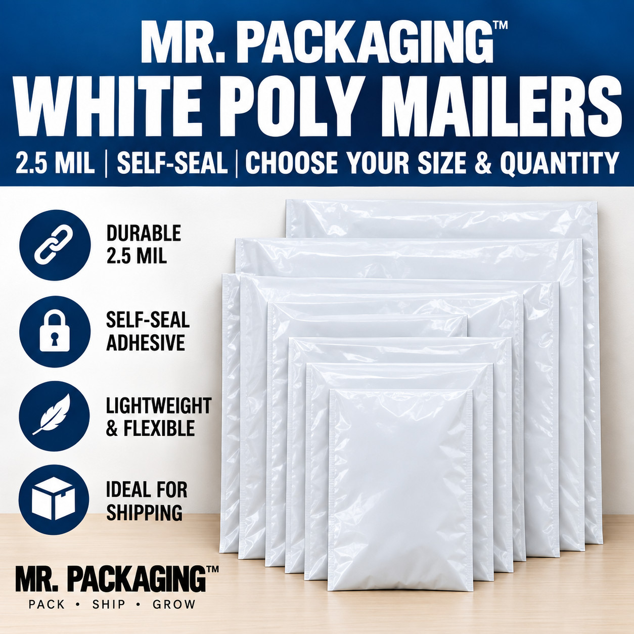 MR. PACKAGING White Poly Mailers Shipping Bags 2.5 Mil Self Seal Choose Size