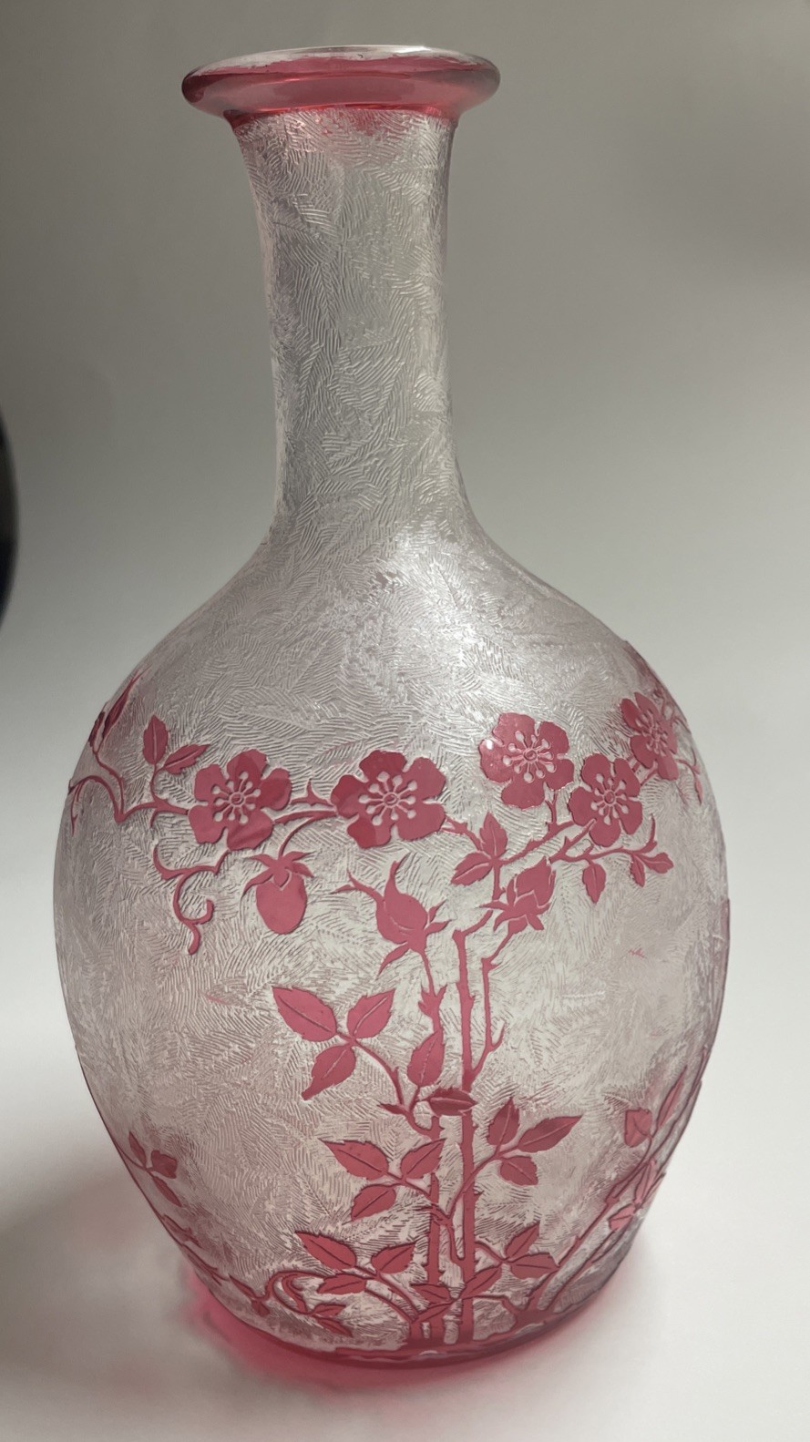 Antique French Baccarat Acid-Etched Cameo Glass Bottle Carafe Wild Rose 7 1/2 In Antique French Baccarat Acid-Etched Cameo Glass Bottle Carafe Wild Rose 7 1/2 In