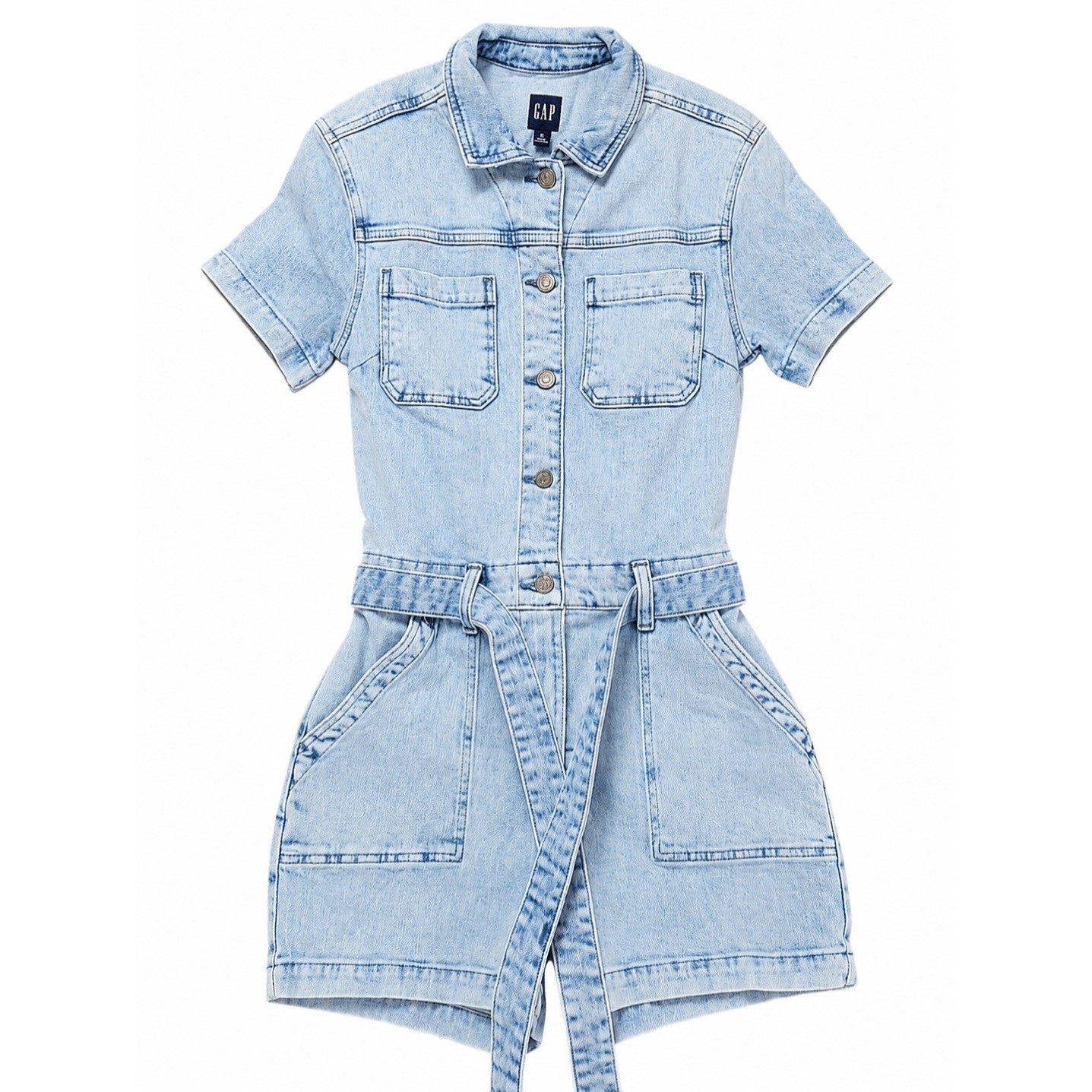 Gap Womens Light Wash Denim Short Sleeve Button Front Belted Romper Size 2