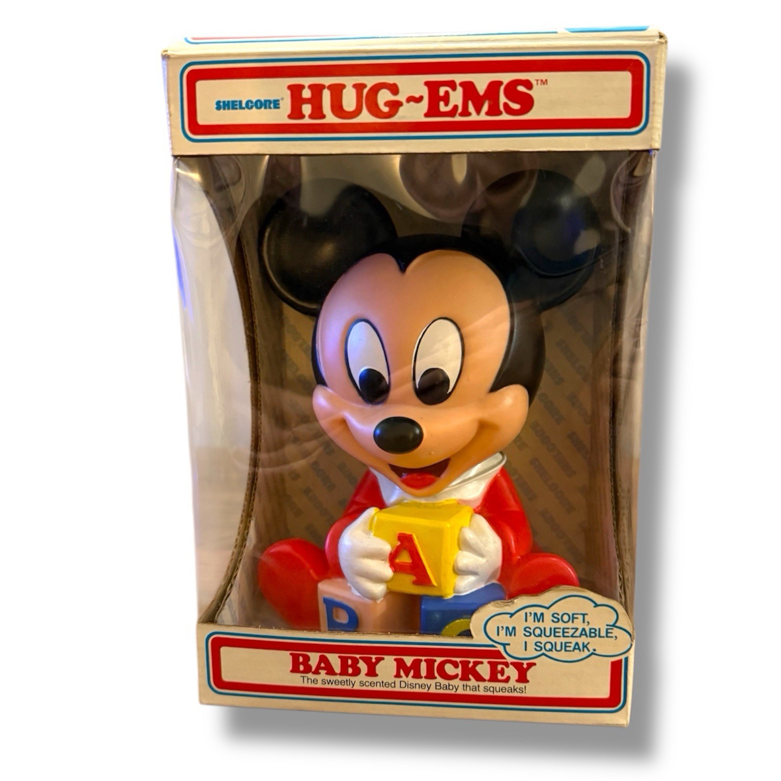 Vtg 1986 Mickey Mouse Disney Hug-Ems Squeak Toy / NEW IN ORIGINAL BOX Retro (16 Vtg 1986 Mickey Mouse Disney Hug-Ems Squeak Toy / NEW IN ORIGINAL BOX Retro (16